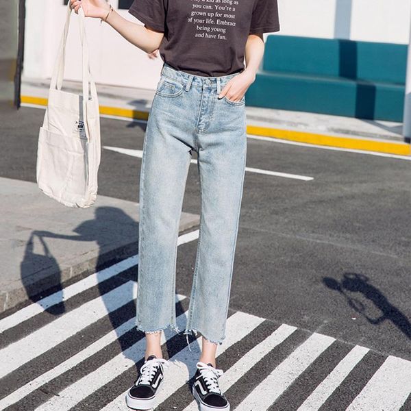 

2019 new women vintage jeans high waist buttons wide leg pants trousers classic washed boyfried style loose casual jeans1, Blue