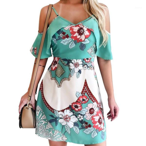 

floral print short sleeve casual dress v collar above knee mini dress summer women1, Black;gray