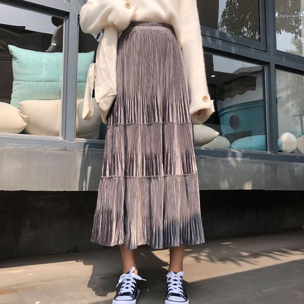 

pleuche autumn winter midi long skirts womens maxi skirt goth elastic high waisted ruched ruffle velvet pleated skirts rok1, Black