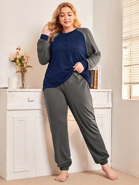 

plus colorblock raglan sleeve pj set g7t7#, Black;white