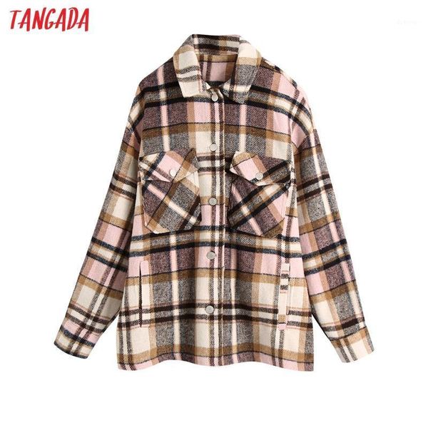 

tangada women pink plaid wool thick coats jacket loose long sleeves pocket 2020 female elegant autumn winter coat be1081, Black