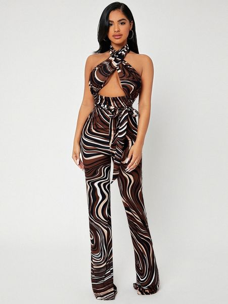 

sxy allover print cut out backless belted halter jumpsuit x8fk#, White