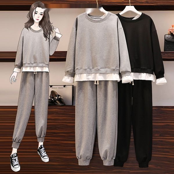 

2020 korean autumn new style fat mm women sports pantssweater sports pants show thin age reduction sweater sweatpants two piece set jklkp jk, Gray