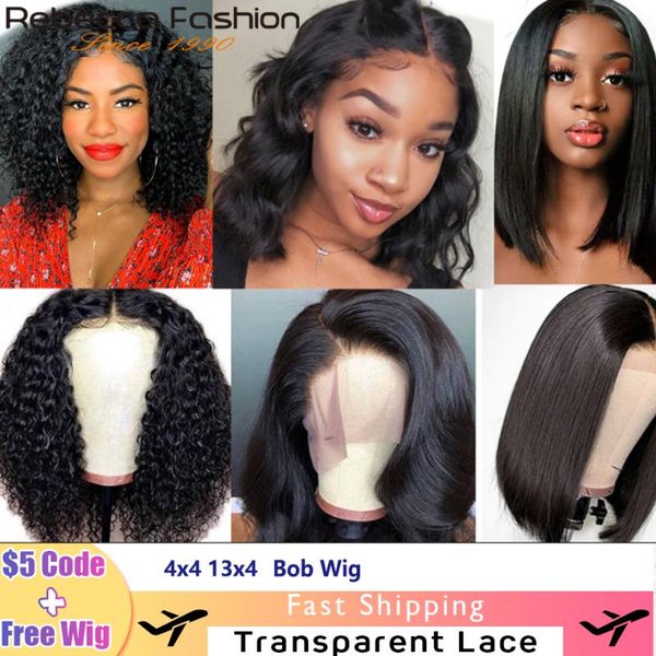 

rebecca 4x4 lace closure curly wig brazilian straight 13x4 lace front human hair wigs blunt cut bob wig short body wave, Black;brown