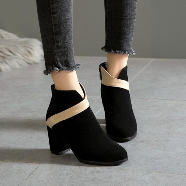 

big size ma'am coarse heel short boots pure color blue patchwork boot barrel high heel boots, Black