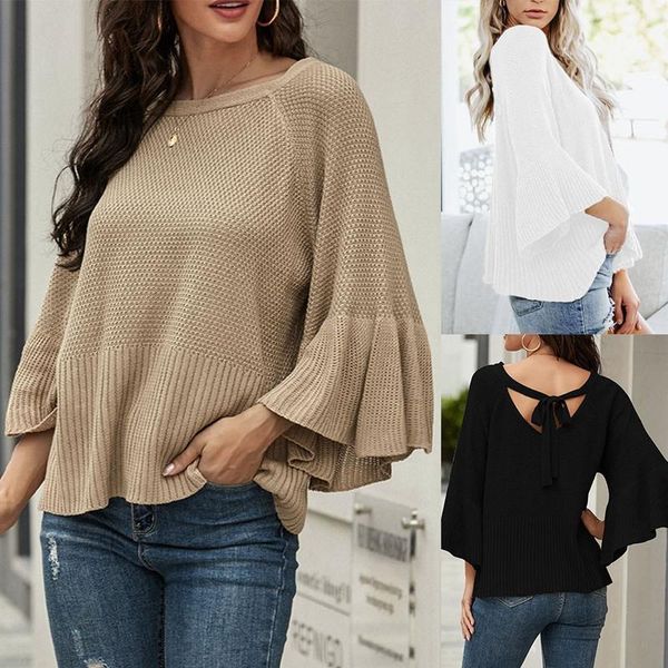 

women's loose round neck small flared sleeves halter bow tie women street fashion sweater1, White;black