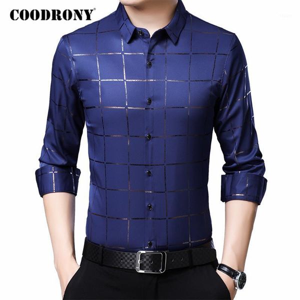 

coodrony brand shirt men spring autumn new arrivals long sleeve shirts business social casual dress fashion plaid clothes c60751, White;black