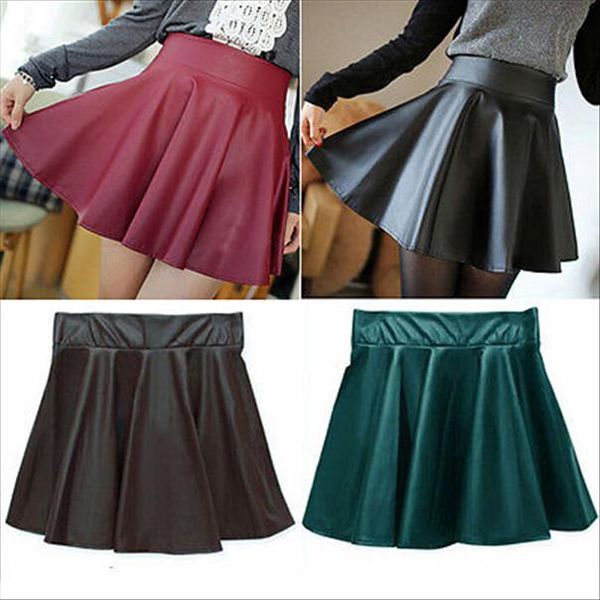 

chic women skirts faux leather cute elastic high waist stretch skater skirt summer solid lady girl skirt, Black