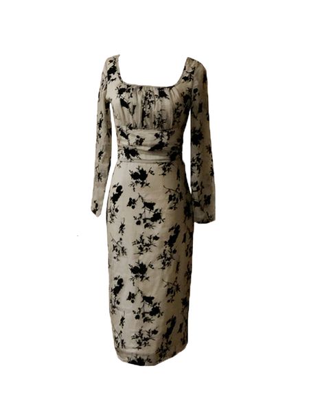 

2021 new vintage fine velvet long jacquard dresses thin at knee height wrist square collar dressed as women's party l22l, Black;gray