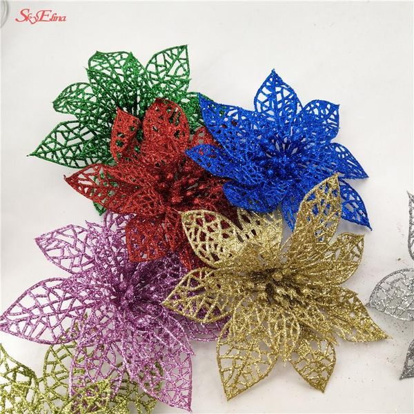 

christmas decorations 10pcs wholesale 15cm plastic simulation glitter hollow flower wedding artificial flowers valentine's day decorati