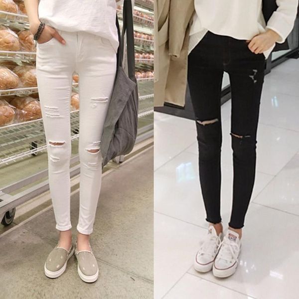 

new white ripped jeans skinny pencil femme jeans woman 7js014, Blue