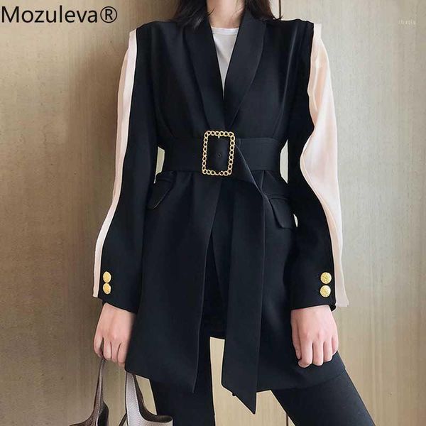 

bornsra vintage sashes belted women blazer 2020 spring summer outwear lapel long sleeve patchwork black female suit jacket1, White;black