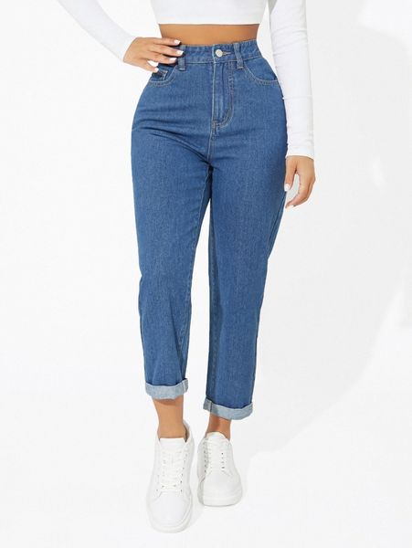 

petite high waist zipper fly mom fit jeans 91dt#, Blue