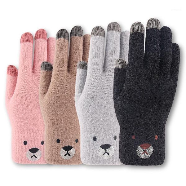 

winter warm touch screen gloves women' cute embroidered velvet thickened finger knitted gloves1, Blue;gray
