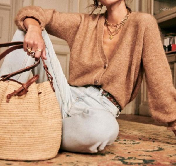 

women wool mohair cardigan white black khaki lantern sleeve sweater single breasted v-neck 2020 spring autumn knit coat1