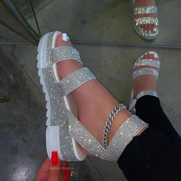 

women sandals 2021 summer sandals rhinestone slippers shoes open toe outdoor plus size 36-43 sandalia plataforma zapato mujer, Black