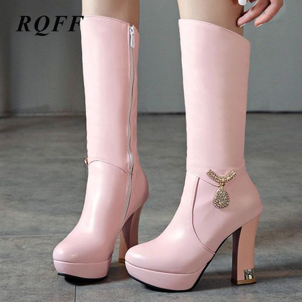 

winter new mid calf boots women plus size 42 43 fashion platform boot round toe super high heel shoes woman faux rhinestone, Black