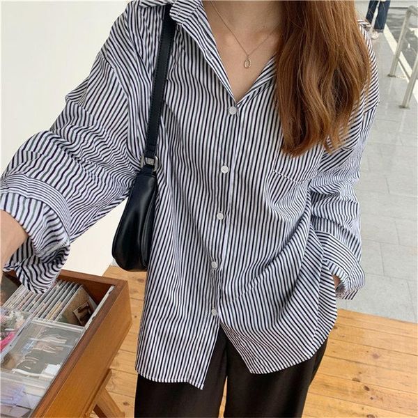 

women loose striped full sleeves chic women pockets 2021 streetwear students geometric casual shirts, White