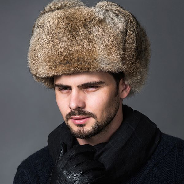 

men's winter warm faux fur bomber black brown solid thicken earflap caps fashion russian male leifeng snow hats ear warmer