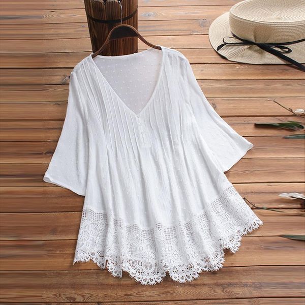 

summer solid blouse plus size s 5xl women vintage jacquard three quarter lace v neck button blouse wholesale n4, White