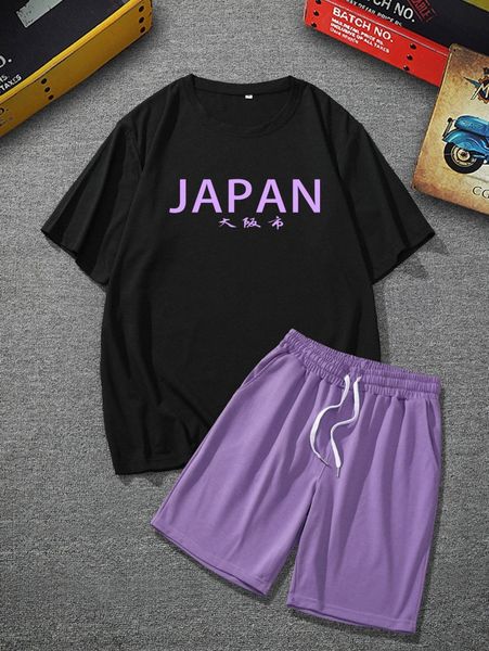 

men chinese letter graphic tee & semi rimless shorts p9vk#, Gray