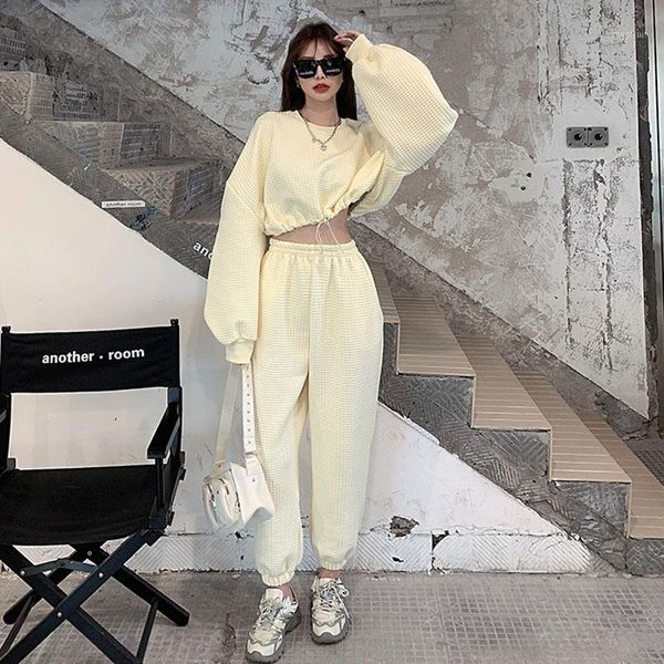 

woman tracksuitstwo piece sets casual suit solid long sleeve short sweatshirt pullover hoodies + high waist jogger pant outfit1, Gray