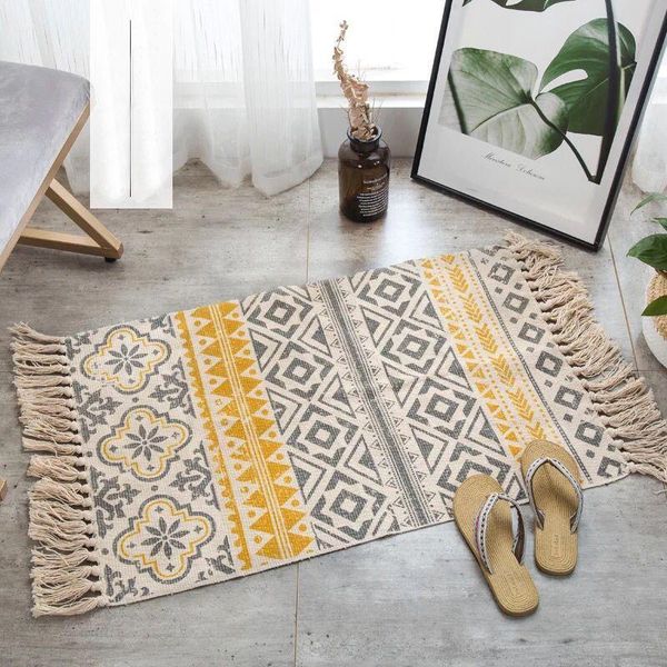 

carpets 60*90cm retro bohemian hand woven cotton linen carpet geometric floor rug bedside mat living room bedroom home decor
