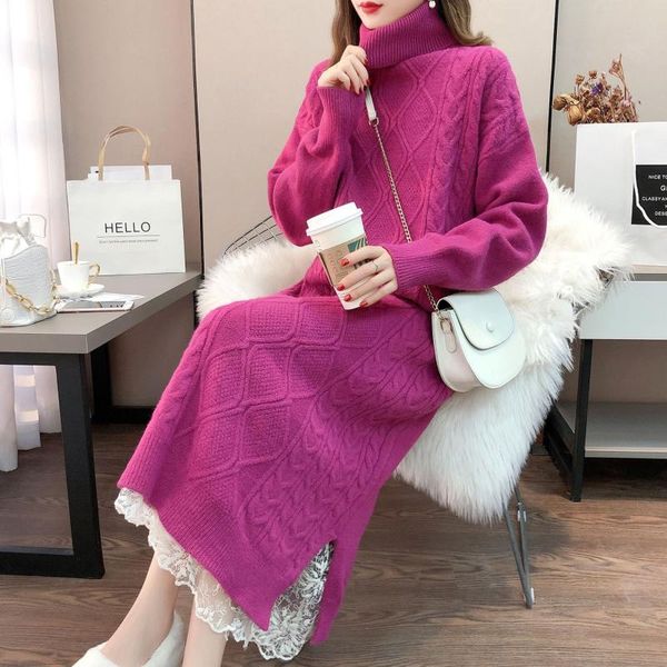 

new solid knitted long dress women autumn winter turtleneck long sleeve sweater dress lady split loose casual vestidos, Black;gray