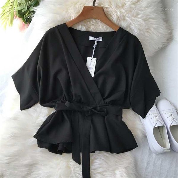 

2019 korean women bow lace up slim and blouses ladies v-neck chiffon shirt half sleeve ruffles oversized blusas mujer1, White