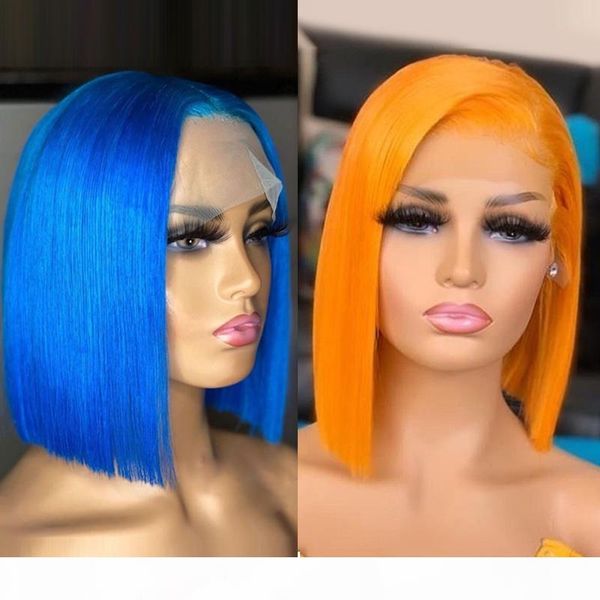 

blue color 150% density lace front human hair wigs pre plucked brazilian remy hair short red 613 bob wigs 13*4 lace, Black;brown