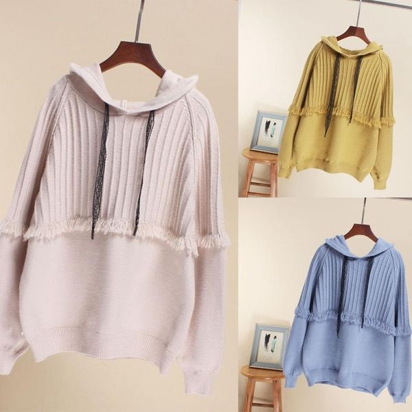 

women long sleeves hooded knitted sweater korean drawstring tassel pullover, White;black