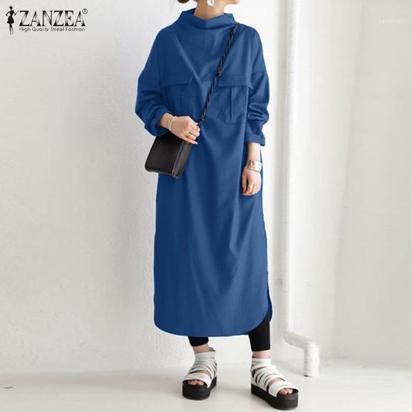 

zanzea women turtleneck casual solid dress elegant autumn long sleeve loose long vestidos back zipper pockets sundress kaftan1, Black;gray