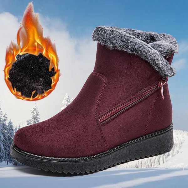 

winter boots women ankle flock snow boots flats fur shoes woman fashion casual zip round toe non-slip plus velvet to keep warm, Black