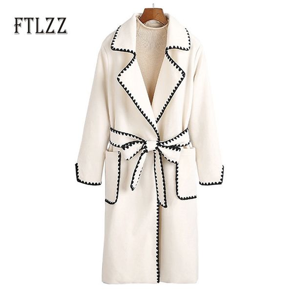 

fashion women streetwear blend coat winter female new female medium long turn-down collar woolen cloth with belt overcoat lj201128, Black