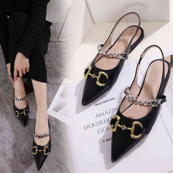 

dress shoes baotou back empty sandal's 2022 spring and summer flat bottom one line chain french pointed commuting single shoes, Black