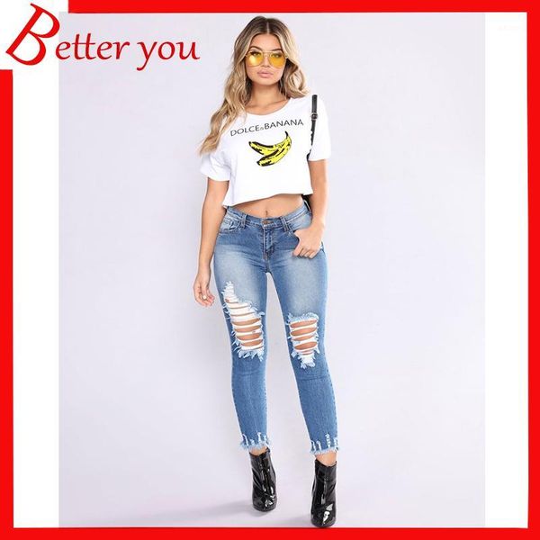 

2019 europe and america spring hole jeans new women's pants fashion slim explosion women's feet pants1, Blue