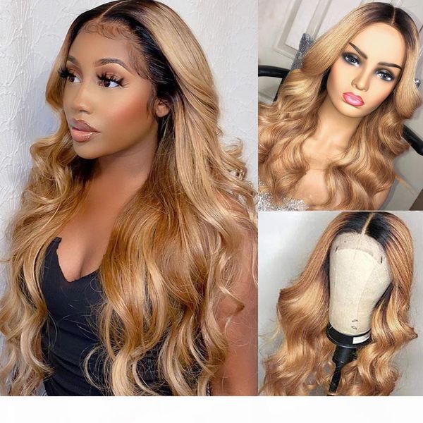 

объемная волна бразильского remy человеческих волос парики бесклеевых 13x6 silk base фронт шнурок ombre # 27 светлого цвет pre щипковые отбе, Black;brown