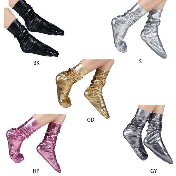 

women faux patent leather loose crew socks shiny metallic wetlook solid clubwear 649c, Black;white