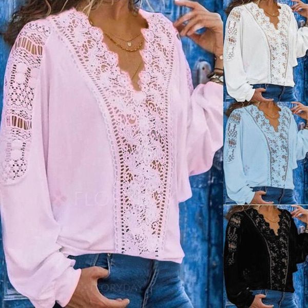 

plus size fashion lace hollow blouse shirt v-neck tee casual autumn ladies female women long sleeve blusas pullover1, White
