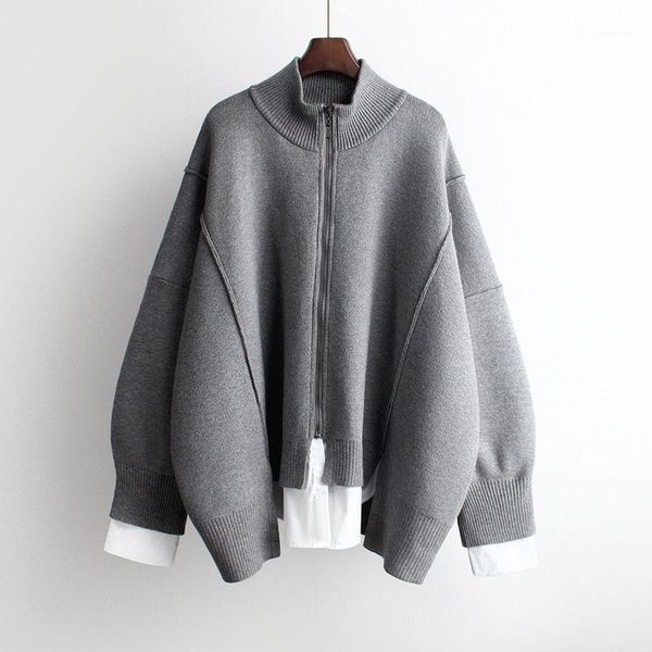 

2020 autumn new fake two pieces knitted jacket patchwork long sleeve zipper causal knitwear sweater coat1, White