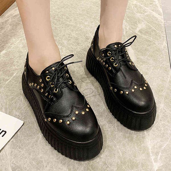 

retro rivets platform flats women 2022 spring lace up oxford shoes woman thick bottom pu leather shoes footwear female, Black