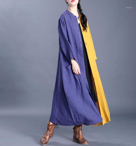 

2020 spring new retro chinese style seven point sleeve purple stitching yellow cotton and line leisure long trench for women1, Tan;black