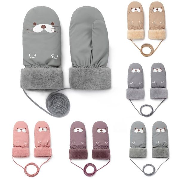 

five fingers gloves cute waterproof mittens women girls' winter cartoon pattern warm fur guantes female hand wear windprof, Blue;gray