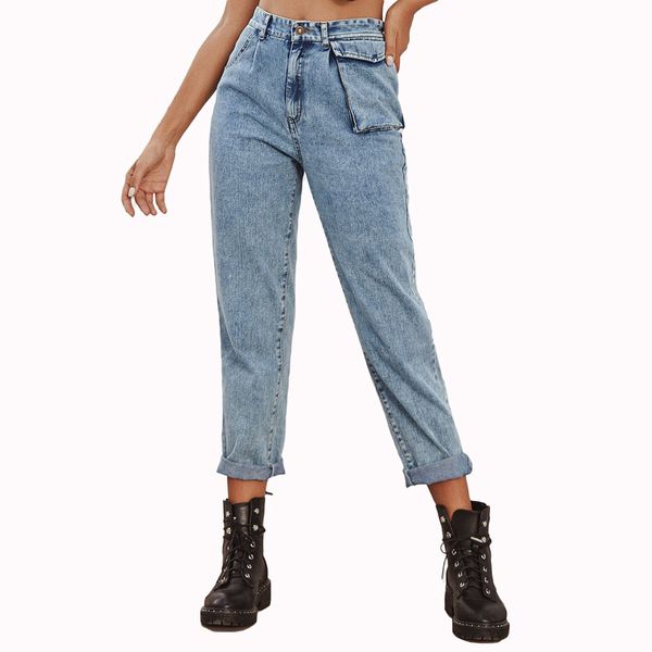 

fashion women's high waist denim solid patch pocket cargo pants loose slim jeans women 2020, Blue