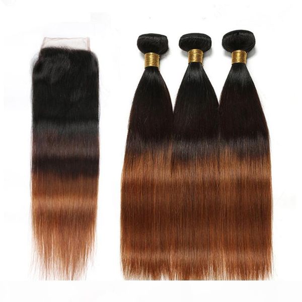 

straight #1b 4 30 medium auburn ombre malaysian virgin human hair wefts with closure 3tone ombre weave bundles with 4x4 lace closure piece, Black;brown
