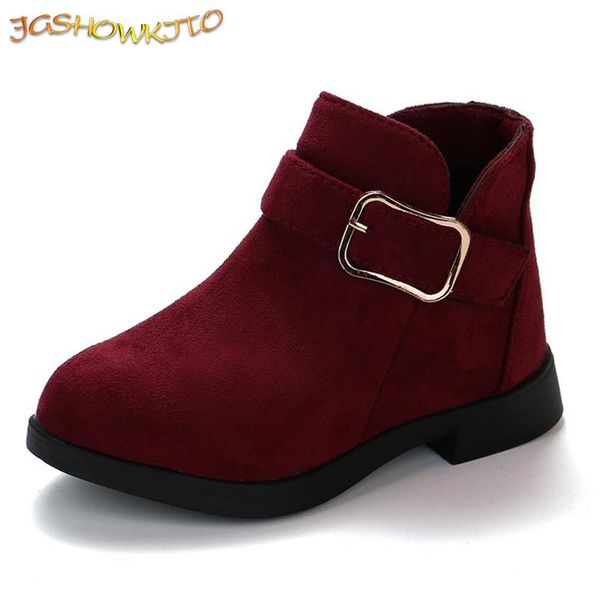 

jgshowkito girls winter boots classic buckle kids ankle boots children martin flock with rubber sole short soft fashion, Black;grey