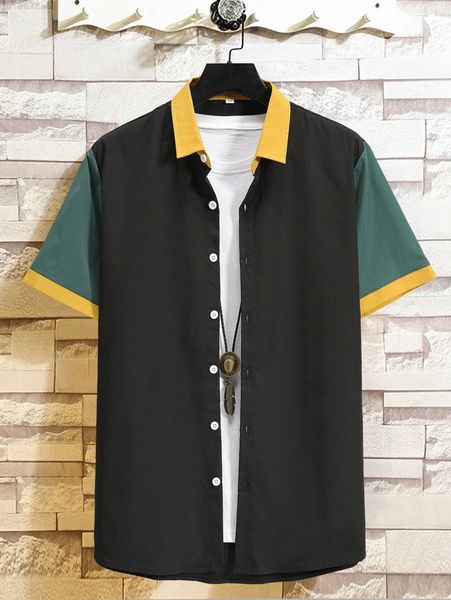 

romwe guys colorblock button front shirt without tee v6aa#, White;black