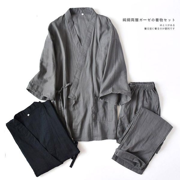 

japanese style kimono yukata haori pajamas set men cotton linen robes gown trousers suit indoor home bathrobes pyjamas sleepwear, Red