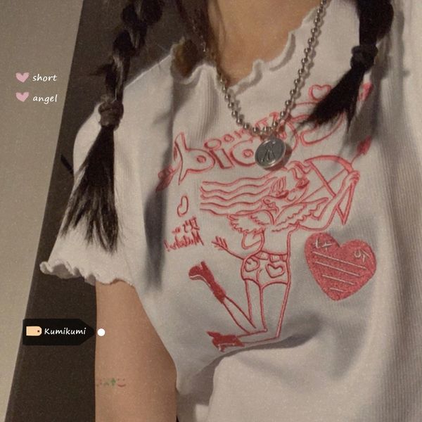 

embroidered hemmed short sleeve t-shirt bottoming shirt summer korean shirtembroidered shirtslim bm short white ins fashion rpdfv rp, White;black