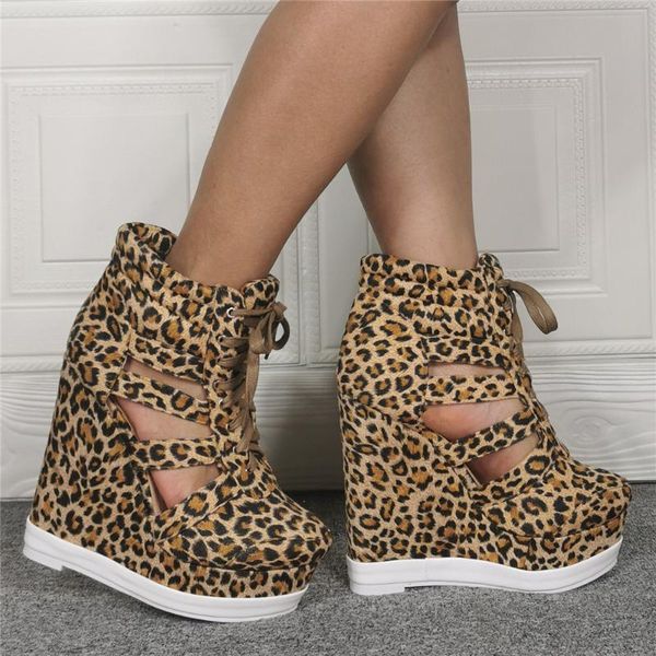 

boots woman leopard platform super wedge heel lace up side cut out summer gladiator sandals ankle, Black